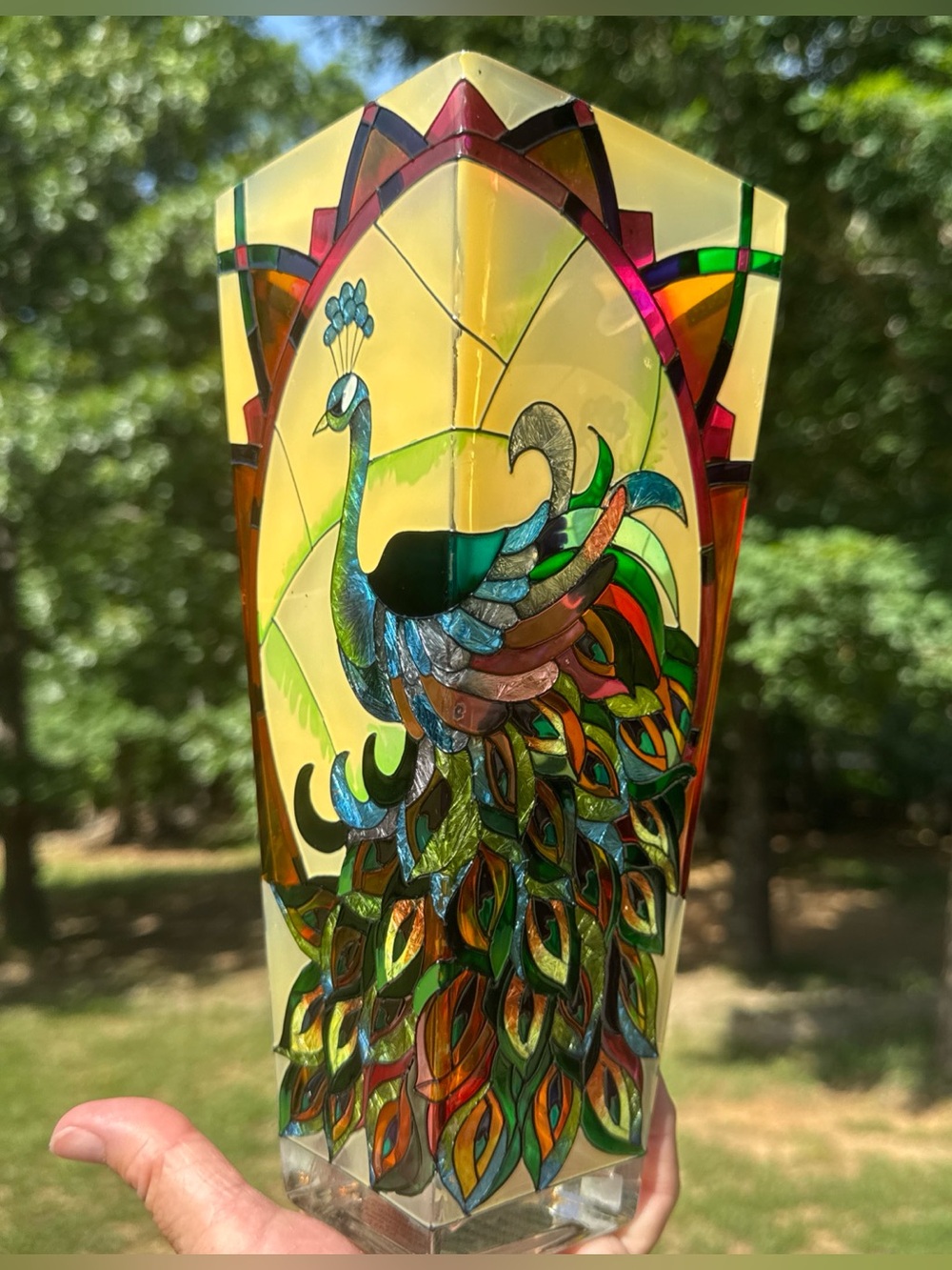Vintage AMIA Hand Painted Stained Glass Peacock Vase 10 Inch NWT